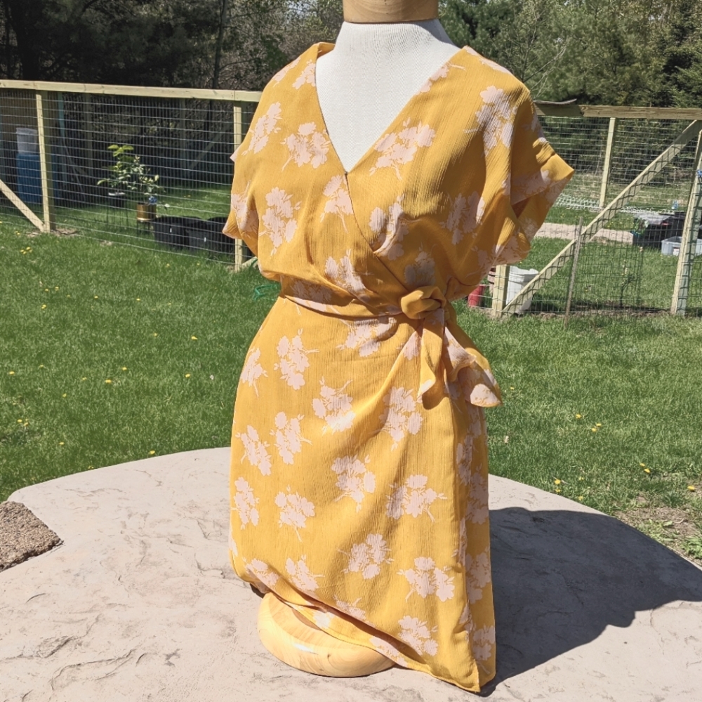 Gilli Floral Mustard Mini Faux Wrap Dress